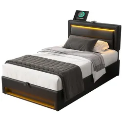 Polsterbett 90x190 cm mit Stauraum und LED-Beleuchtung – modernes Design mit USB-Anschluss und Fernbedienung Schwarz