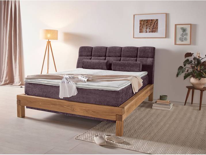 Boxspringbett, Massivholz, Lila, 160×200 cm, 7-Zonen-Taschenfederkern, Klassisch, Home Affaire