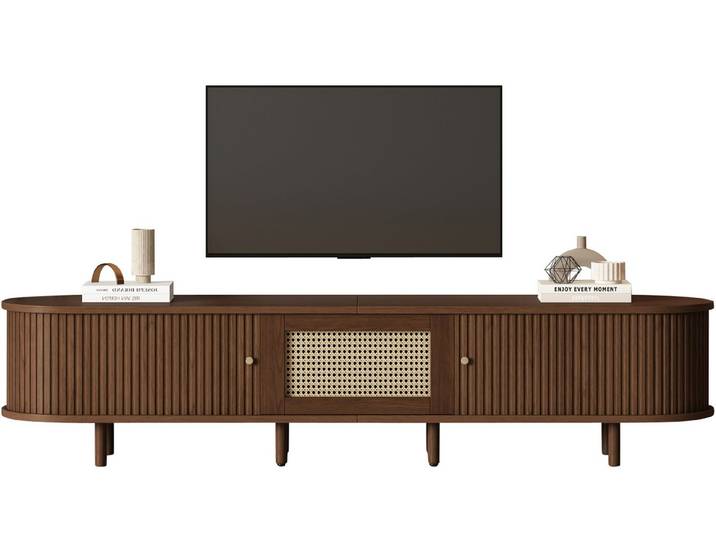 SeedWave Lowboard Retro TV Schrank Gestreifter TV Ständer mit Schiebetüren, Schublade, Schublade mit Kunststoff-Rattan, Vier verstellbare Füße
