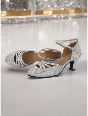 LightInthebox Women's Latin Dance Shoes, Gold Sequin Lace Closed Toe, Cross Strap Ankle Buckle, Low Flared Heel for Adult Women, Ballroom Dance, Salsa, Practice Performance