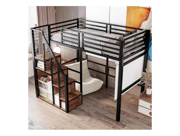 LuxusKollektion Metallbett Hochbett 90x200cm Metall schwarz mit Treppe