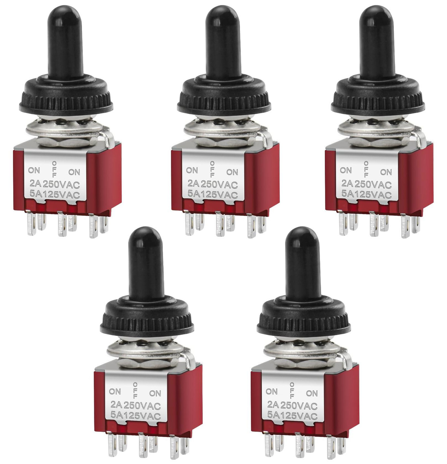Dripio Set van 5 Dubbelpolige Dubbelworpen Schakelaars (DPDT), ON-OFF-ON, 6-polig, 2A, 250V
