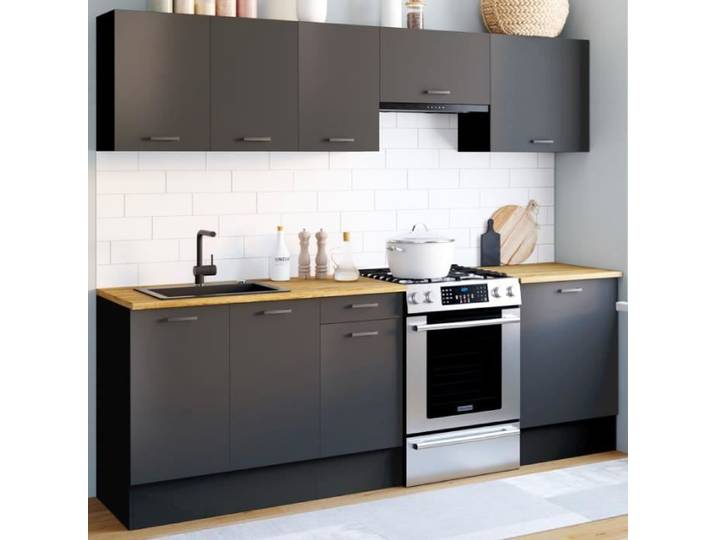 IDMARKET Cuisine complète 240 cm SUBTIL avec plan de travail 7 éléments noir et plateaux bois