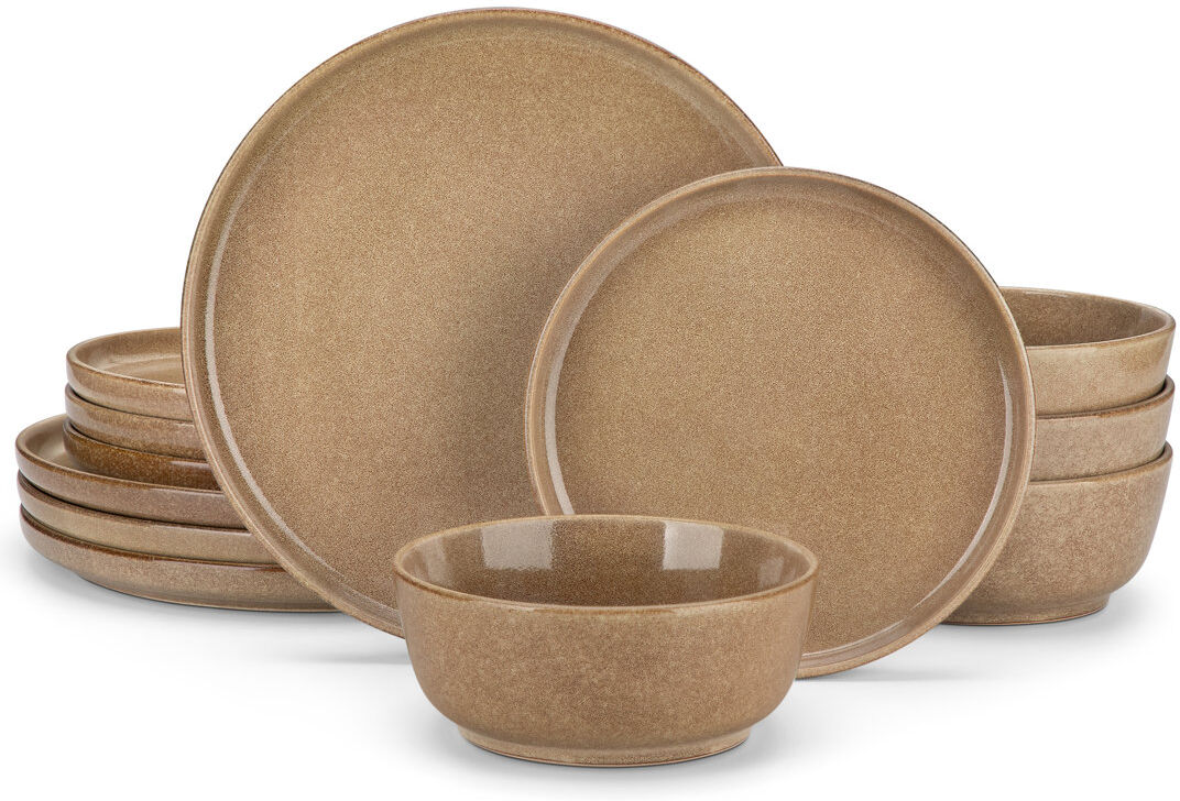 Vancasso 12 Pieces Dinnerware, Pocelain Round Plate, Dinner Plate, Dessert Plate And Bowl with Vertical Edge, Serve For 4 Person, Blue Brown 12