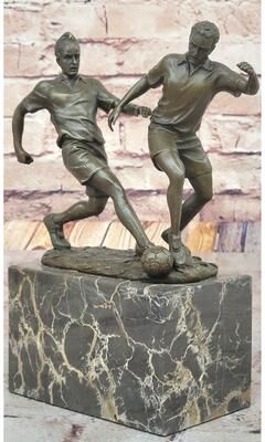 Bronzhaus Bronze Soccer Players Sculpture – Dynamic Dual-Player Figurine On Marble Base