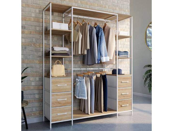 IDMARKET Dressing double penderie + double colonne L. 140 cm UTAH avec 6 étagères et 6 bacs en tissu bois et blanc