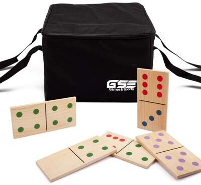 GSE Games & Sports Expert GSE™ 28-Piece Giant Wooden Dominoes with Multi-Color Dots, Jumbo Domino Tile Game Set for Outdoor Backyard Lawn Game