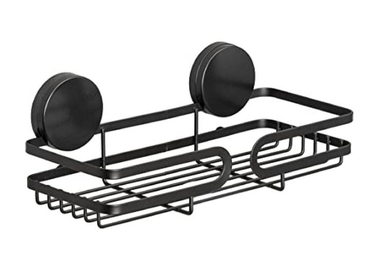 WENKO Static-Loc® Plus Wandablage Pavia Schwarz, Badezimmerregal, Befestigen ohne bohren, sicherer Halt durch statische Haftung auf glatten, luftundurchlässigen Flächen, 26 x 9,7 x 12cm, Stahl