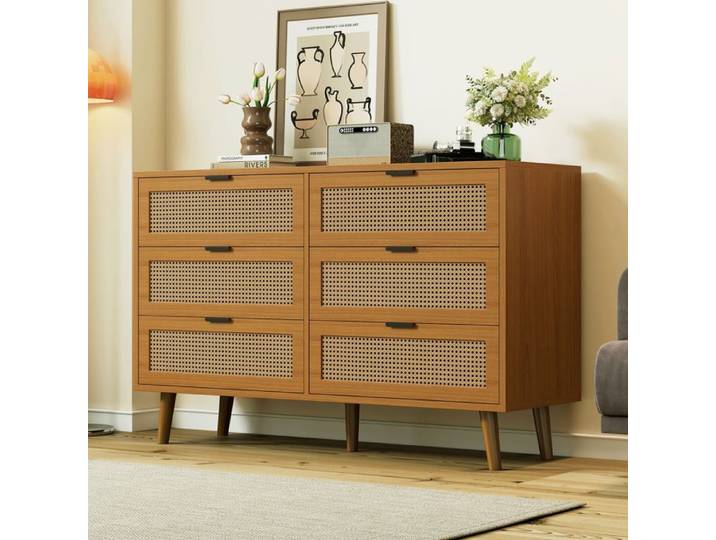 Commode avec 6 Tiroirs en Rotin Buffet Salon en Bois Casier Armoire Chambre Poignées Métalliques Noyer 120x40x76.5cm