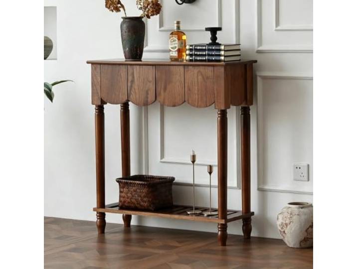 Massivholz‑Konsolentisch mit Schubladen, moderner Eingangs‑Sofatisch Massivholzrahmen, grifflose Schubladen, multifunktionale Ablage, matte Oberfläche(Walnut,84x32 cm/33.1x12.6 in)