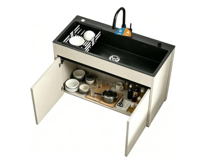 Freistehende Edelstahl-Spüle mit Unterschrank, Mehrzweckspüle, Aluminium-Schrank, Kalt-/Warmwasser-Armatur, Einzelbecken, Innen Außenbereich, Küche Bad（68cm）