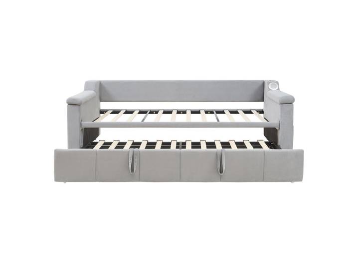 Komhtom Polsterbett 90/180X190 cm Mit USB-Ladeanschluss in Samtstoff，Hellgrau, Mode, 90x190 cm, Schlafzimmer, Betten, Polsterbetten