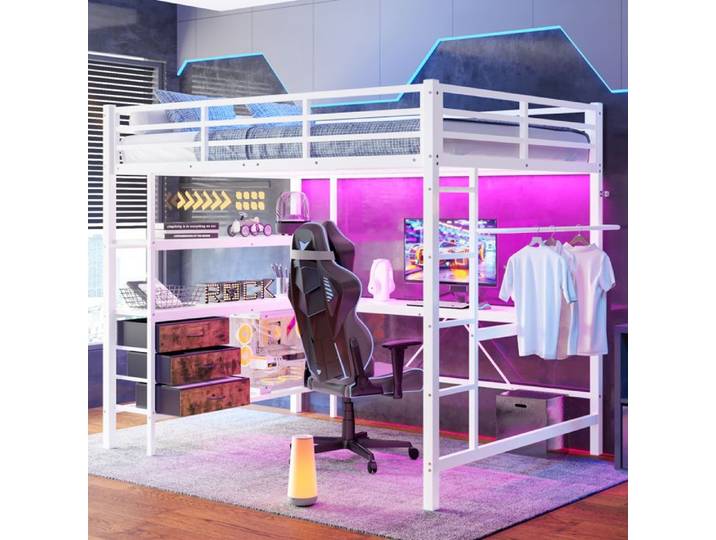 Lit mezzanine - ZEVKOR - Lit mezzanine Double 140×200 cm - Bureau intégré - LED & USB - 3 tiroirs