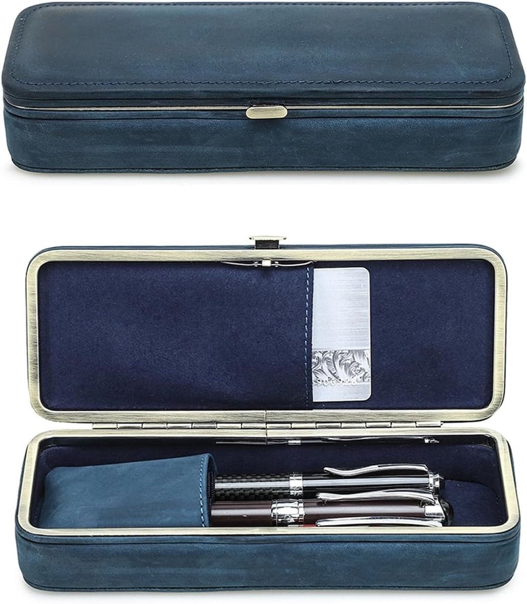 Blauw lederen etui met 3 vulpennen en kaartsleuf, handgemaakte multifunctionele organizer voor briefpapier