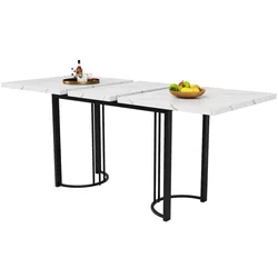 OKWISH Ausziehbarer Esstisch Teleskoptisch 180x80x76 cm Weiß+Schwarz, marmorierte MDF Tischplatte, Metallgestell, platzsparend für Küche und Esszimmer
