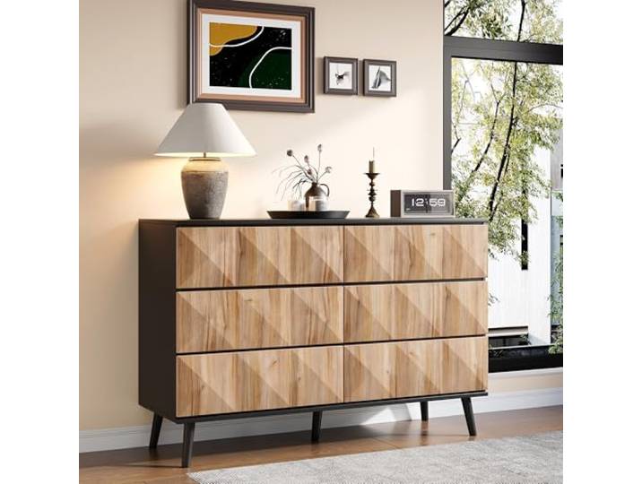 FammyLoft Sideboard Wohnzimmer mit 6-Schubladen, Buffetschrank mit Erhabenen Türen, 120 x 40 x 85 cm, Modern Wohnzimmerschrank für Esszimmer & Flur, Schwarz und Holz