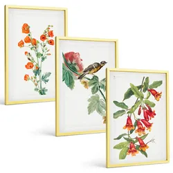 BILDER SET 3er Set - 40x60 cm Goldrahmen - Gemalte Blumen und ein Vogel