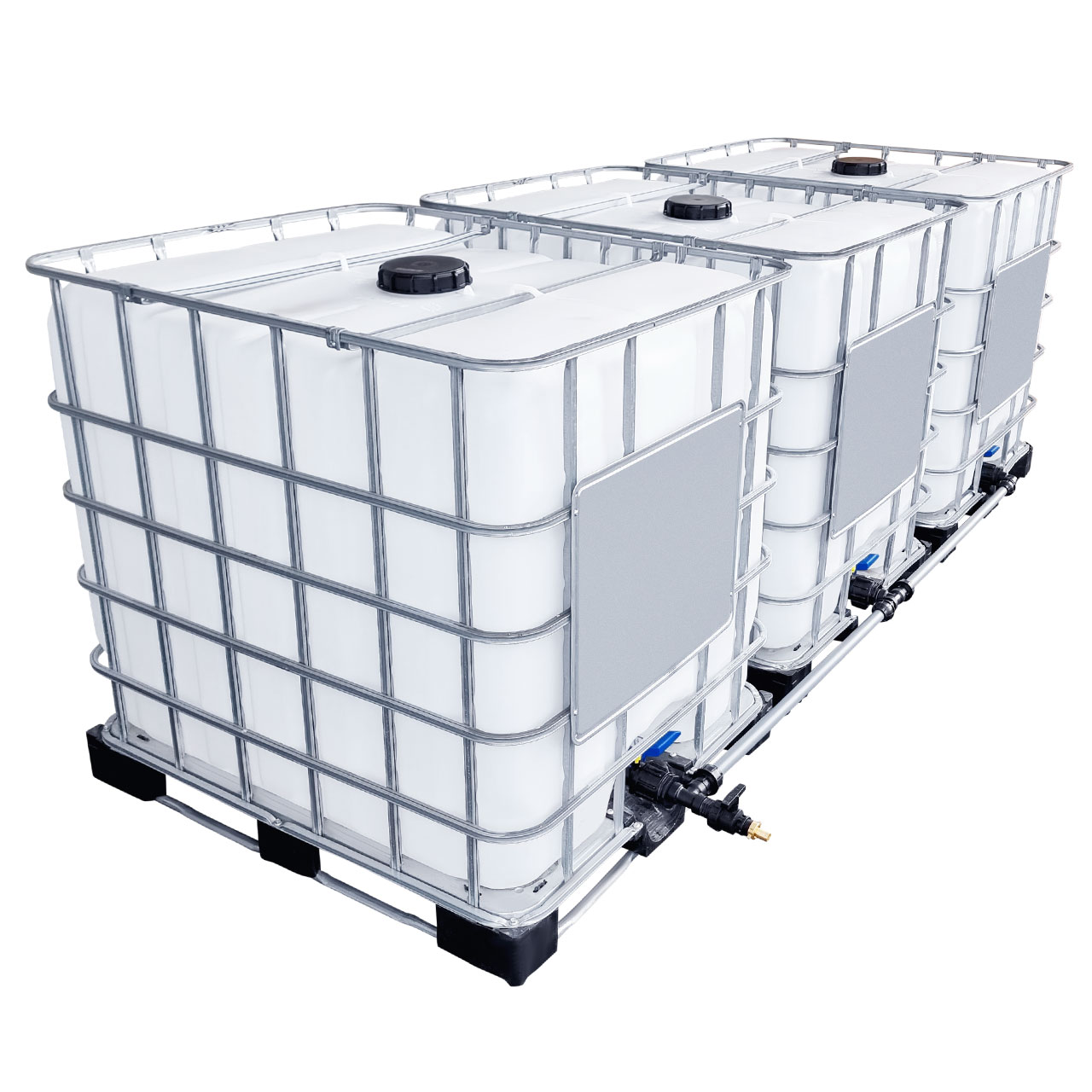 REKUBIK 3000l IBC Wassertank nebeneinander mit Rohr Tankverbindung 32mm