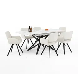 TISCHGRUPPE 7-teilig Ausziehtisch Marmoroptik Weiß & 6x 360° Drehstühle mit Armlehnen