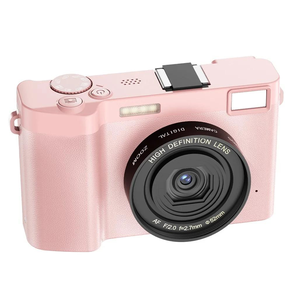 Zelurxx Digitale camera met 5K resolutie, 64MP sensor, 18x zoom en selfie-functie, roze
