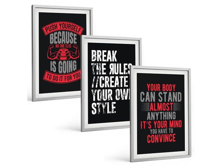 BILDER SET 3er Set - 40x60 cm Silberner Rahmen - Motivation, Training, Selbstentwicklung