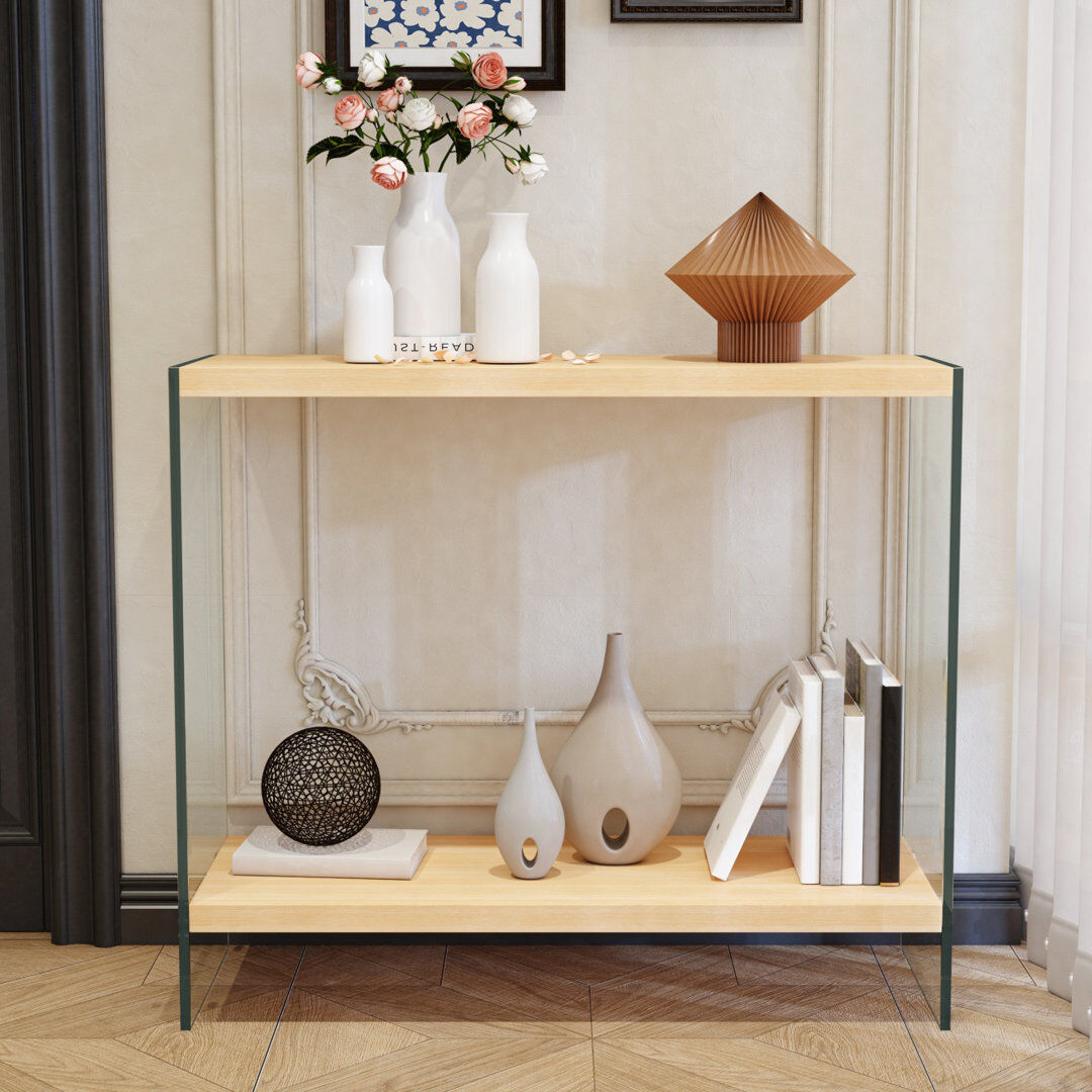 Metro Rectangular Tempered Glass Console Table Entryway Storage Table With Wood-toned Mdf Top And Storage Shelf For Hallway, Living Room, Foyer, Apartment, Natural Wood 76cm H x 120cm W x 30cm D