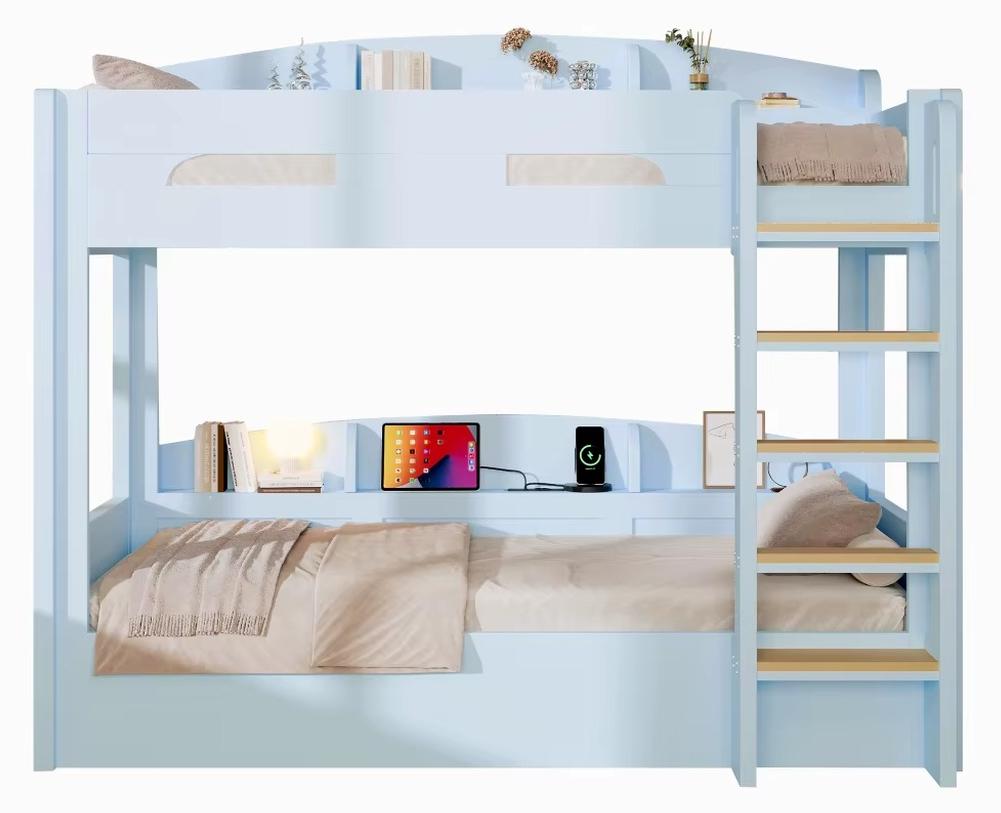 Etagenbett - Ober- und Unterbett - USB-Anschluss - Stauraum - Massivholz und MDF - 90 x 200 cm - Blau