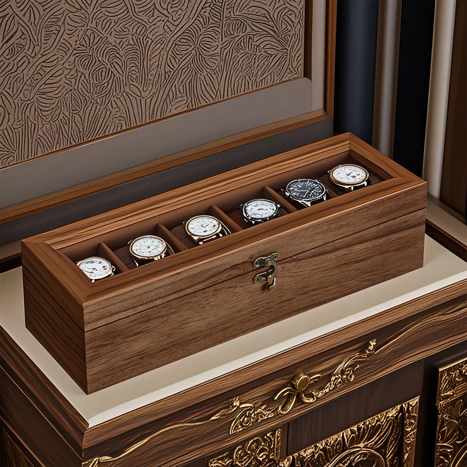 SONGMICS Uhrenbox mit 6 Fächern, Uhrenkasten aus Massivholz, mit Glasdeckel JOWB35006K01