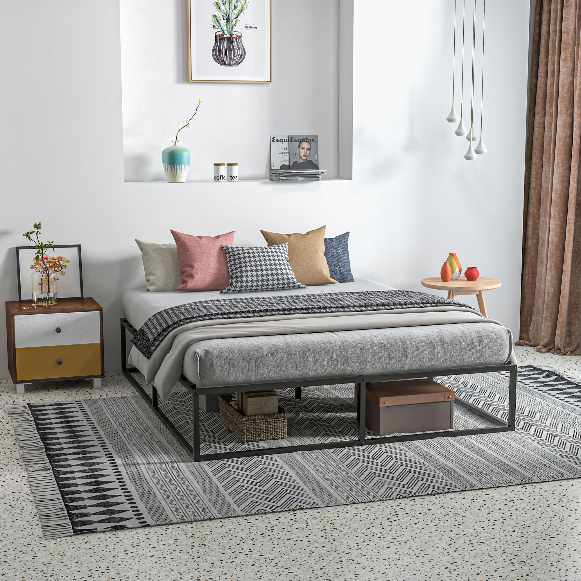 Homcom Struttura Letto con Doghe in Compensato e Contenitore Inferiore, 190x160x35cm, Nero e Colore Legno Aosom