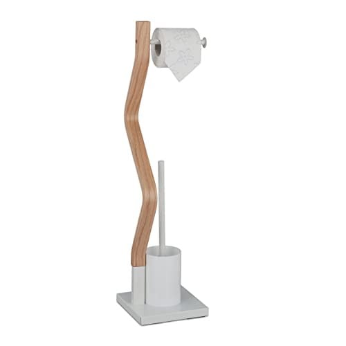 Relaxdays Toiletaccessoires set staand met toiletborstel en toiletrolhouder, wit/bruin