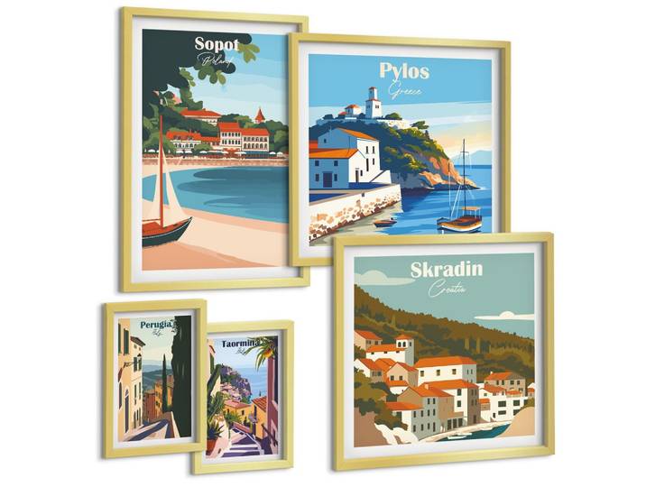 BILDER SET 5er Set - 50x50 cm & 20x30 cm & 40x60 cm Goldrahmen - Retro-Landschaften im malerischen Stil