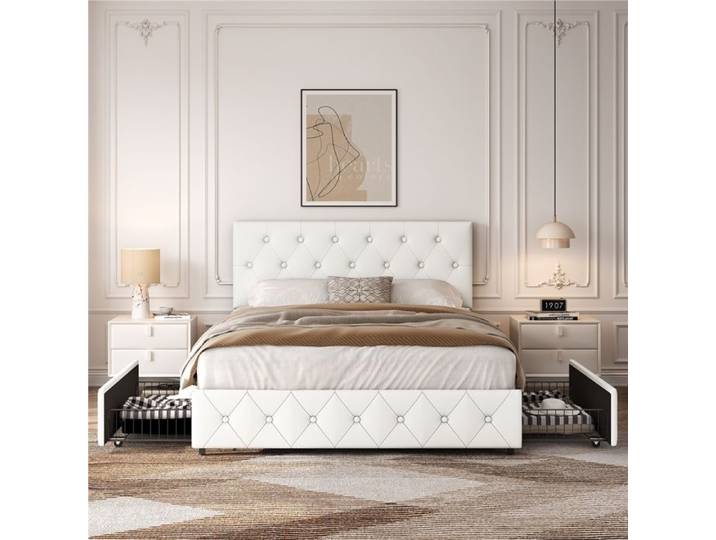Cadre Lit 140x200 cm Tête Capitonnée Réglable Tiroirs Sommier Lattes Bois/Métal Design Classique Double Blanc YAHEETECH
