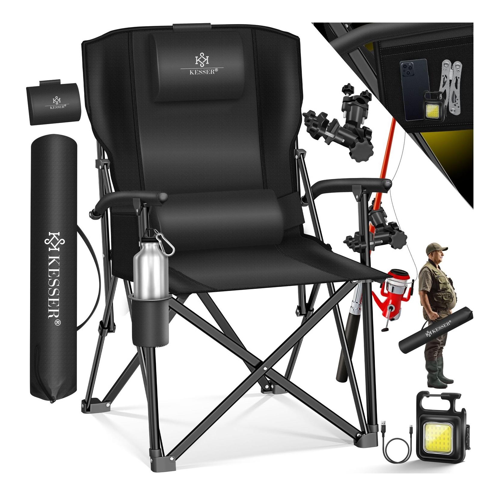 KESSER® Campingstuhl faltbar bis 160 kg Angelstuhl Faltstuhl Klappstuhl Gepolstert mit Armlehnen Campinglicht und Getränkehalter + Tasche mit hoher Rückenlehne Strandstuhl mit Angelhalterung