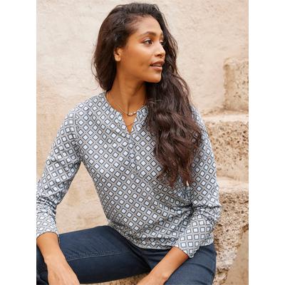 Langarmshirt HEINE "Druck-Shirt", Damen, Gr. 42, blau (grau, hellblau, bedruckt), 100% Baumwolle, gemustert, mehrfarbig, Rundhals, Shirts Langarmshirt