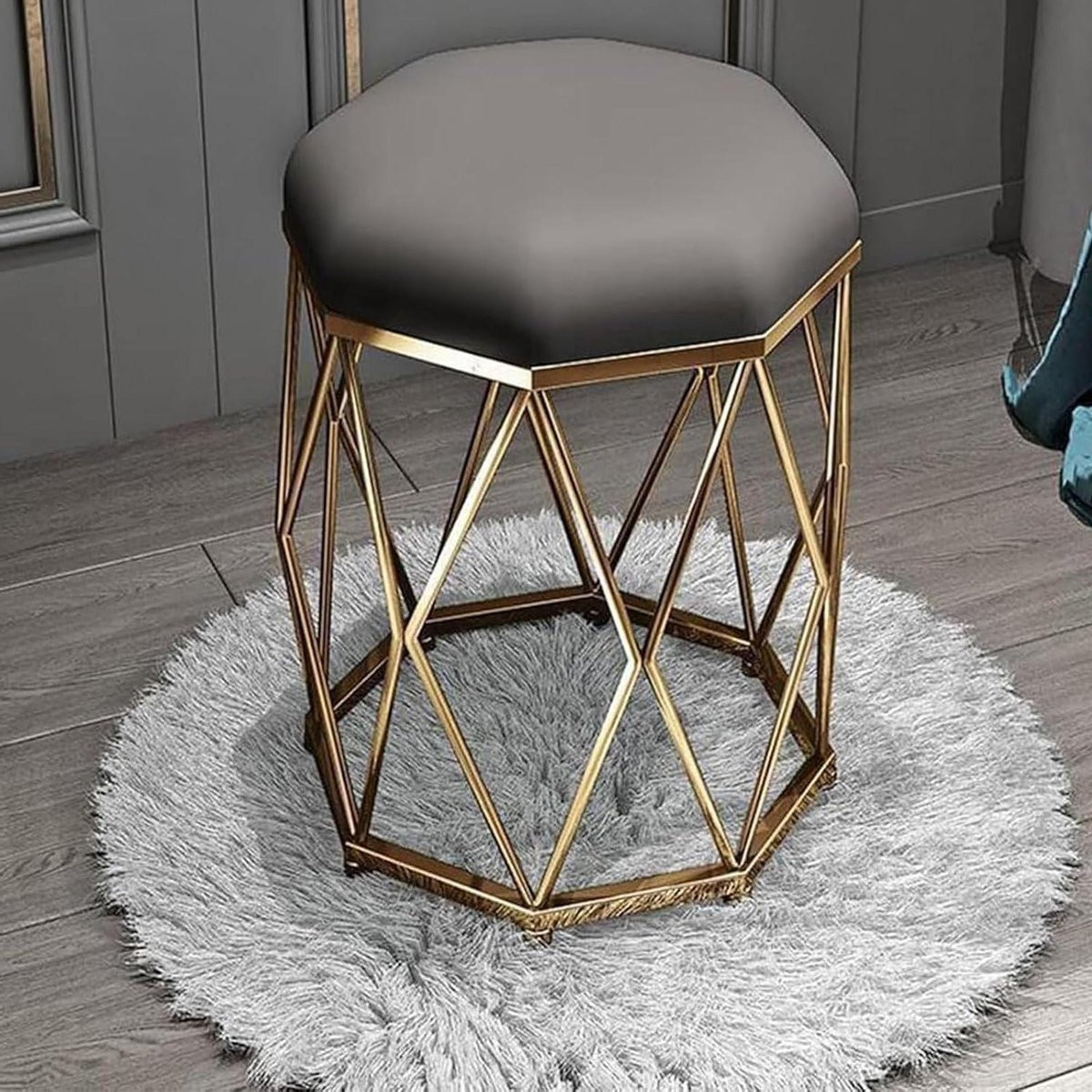 Donkergrijze Fluwelen Ottomaanse Poef met Metalen Frame - Hoogte: 39 cm