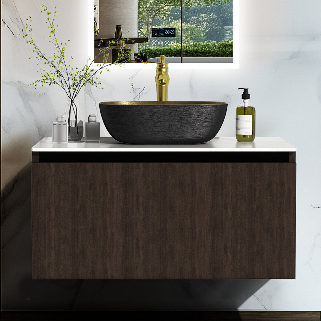 Ebern Designs Ronique 100Cm Wall Mounted Single Bathroom Vanity Sink with Ceramic Basin, Faucet and Hoses Brown 1,000mm W