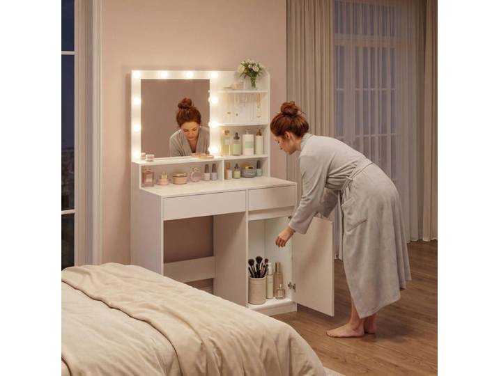 Coiffeuse grande capacité – Bureau de maquillage multifonction avec miroir lumineux – Meuble coiffeuse blanc pour chambre