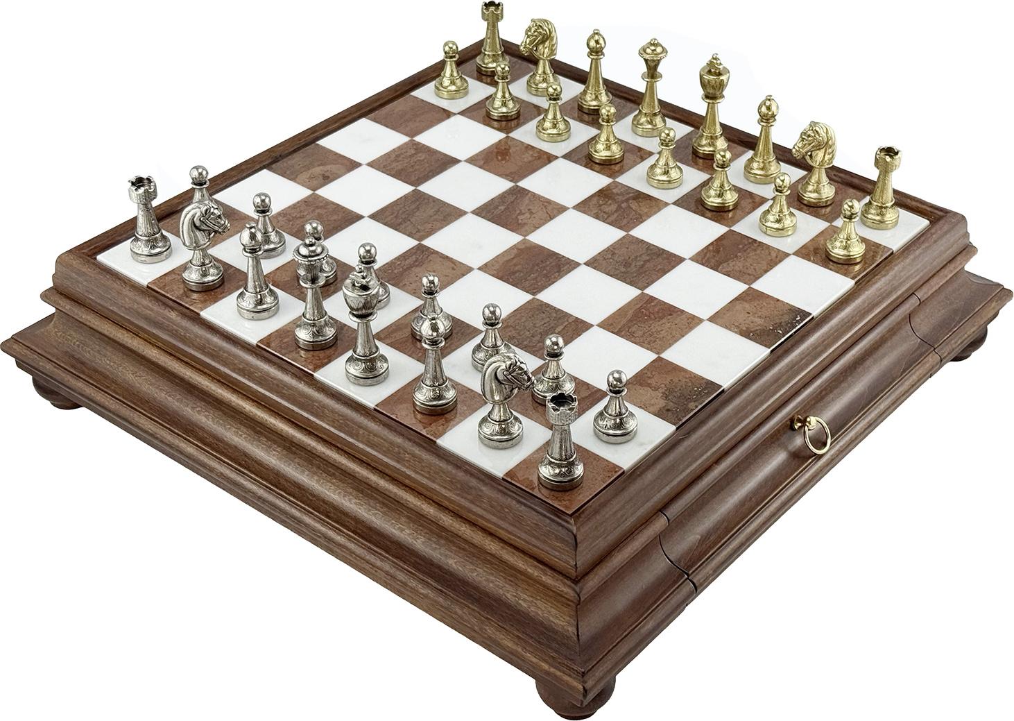 Italienische Schachfiguren Staunton + Italienisches Schachbrett Marmor/Lindenholz 46