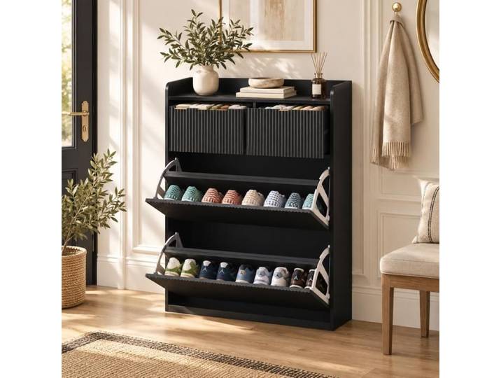 Armoire à chaussures noire 80 cm meuble à chaussures avec façades rainurées 2 tiroirs + 2 abattants pour Couloir et entrée