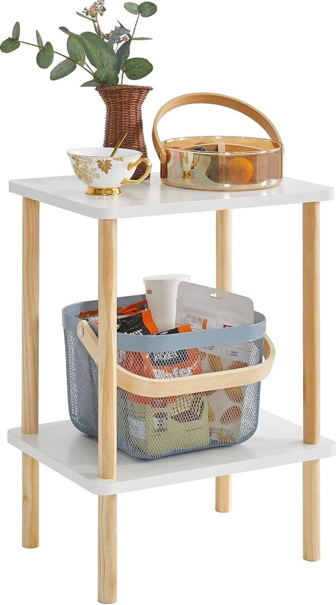 Witte 2-laagse bijzettafel met opbergplank voor slaapkamer, woonkamer of entree WST002W