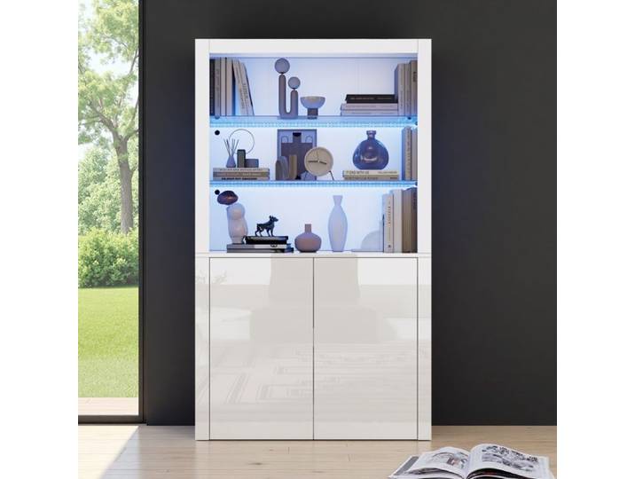 Buffet d'Appoint 100x35x170 cm Rangement Brillant Vitrine LED Étagères en Verre Trempé Colonne Salon Blanc