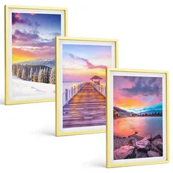 BILDER SET 3er Set - 40x60 cm Goldrahmen - Winterliche Bergseelandschaft