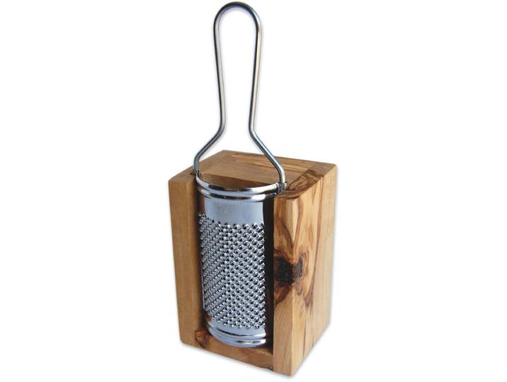 Käsereibe OLIVENHOLZ-ERLEBEN für Hartkäse, aus Edelstahl mit Olivenholzbox , beige (natur, edelstahlfarben), B:9cm L:26cm T:8cm, Edelstahl, Olivenholz, Küchenreiben, Käsereibe, Metallreibe aus Edelstahl, Auffangbox aus Olivenholz, auch für Muskat
