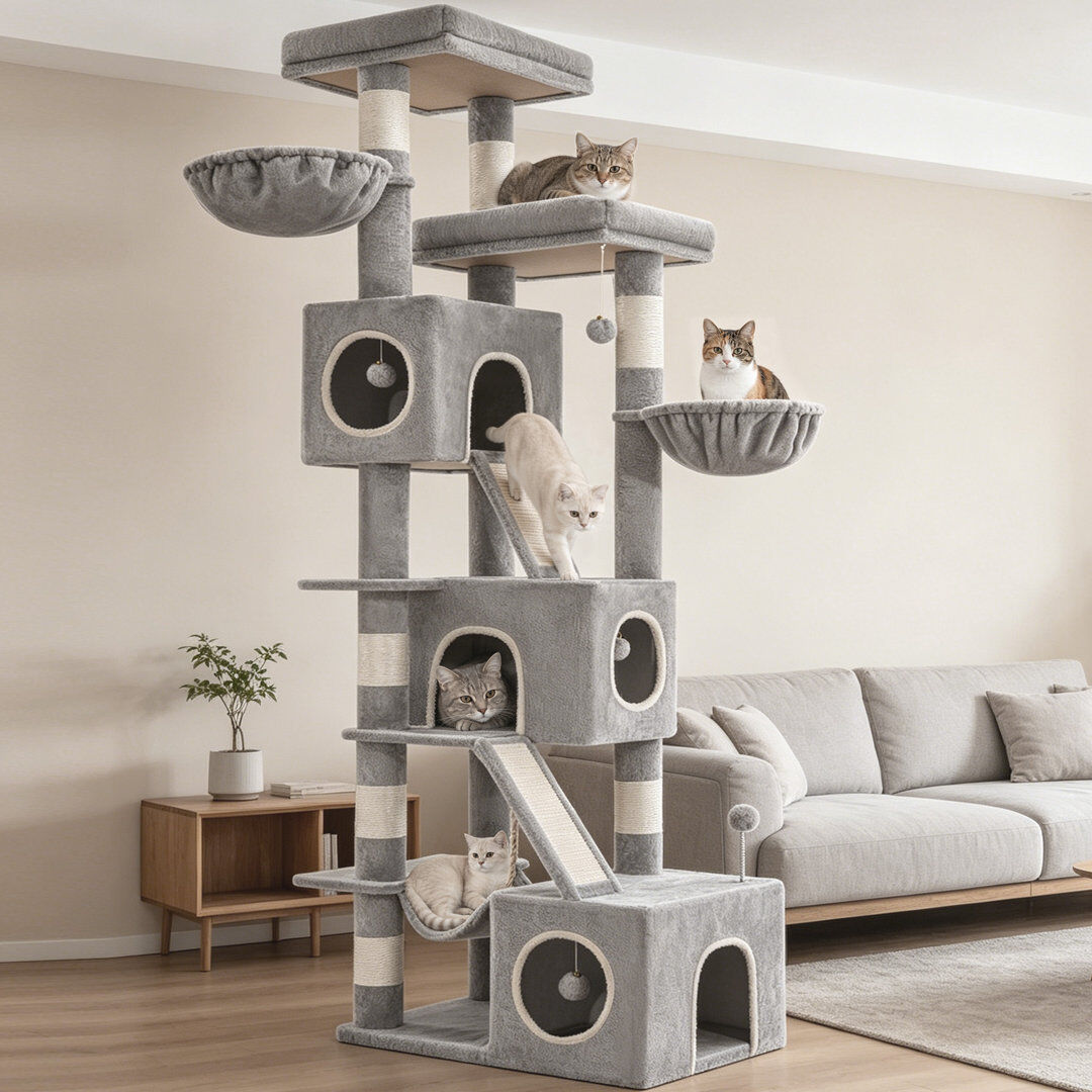 Happy Larry Tall Cat Tree, 211cm Multi-Level Cat Tower Large Cats   Cat Furniture with 7 Scratching Posts, 3 Spacious Condos, 2 Platforms, 2 Scratching Ramp, Bask Light Grey 211cm H X 70cm W X 48cm D