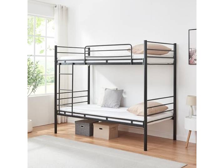 [en.casa] Etagenbett Bevapis Hochbett 90 x 200 cm Gästebett Kinderbett mit Leiter und Rausfallschutz Bett 210 x 94 x 171 cm Jugendbett Metall Schwarz