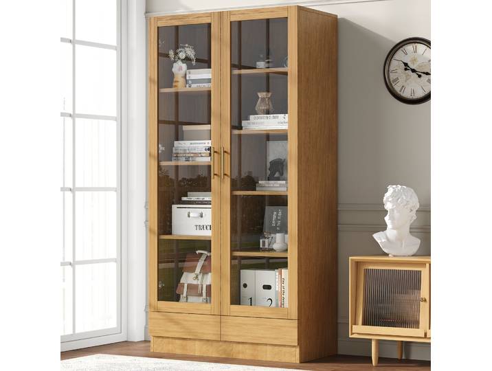 Meubliv Vitrine En Bois 80x40x160 Cm Naturel – Portes Vitrées\, 2 Colis