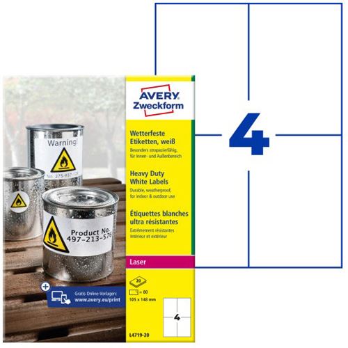 AVERY Zweckform 80 wetterfeste Folienetiketten L4719-20 weiß 105,0 x 148,0 mm
