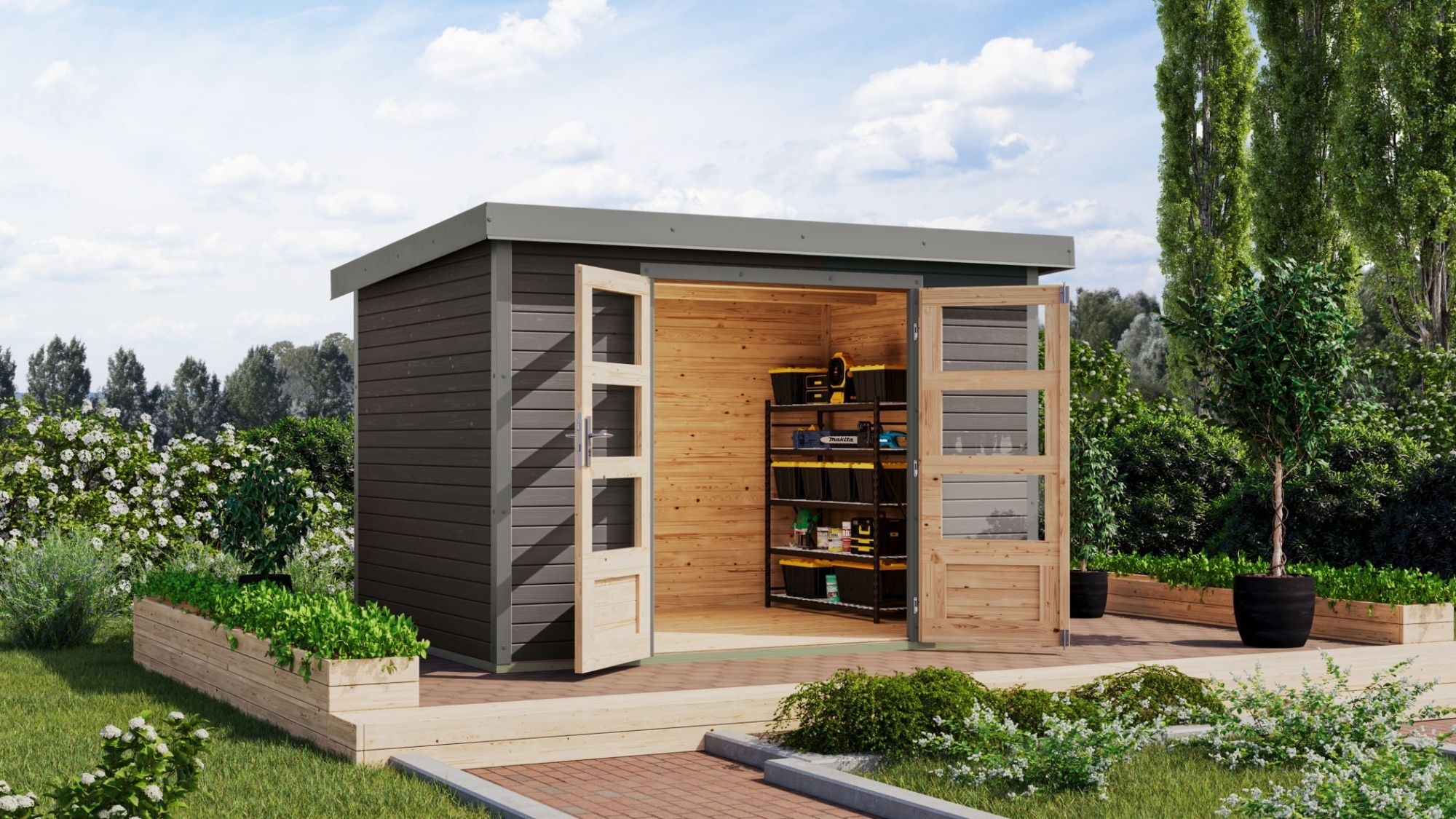 Karibu Gartenhaus Hybridhaus Metall Jupiter 4 terragrau 298,5x213,5x209 cm
