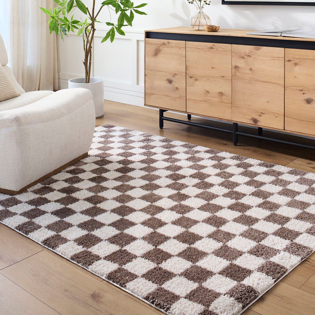 17 Stories Machine Washable Shaggy Boho Dark Brown Area Rug Beige;Brown Rectangle 160 x 213cm