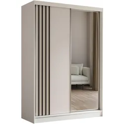 KLEIDERSCHRANK mit Spiegel-Schiebetüren und Aluminium-Leisten, LED-Beleuchtung - NALLA - 150 cm Weiß+Weiß+Schwarz